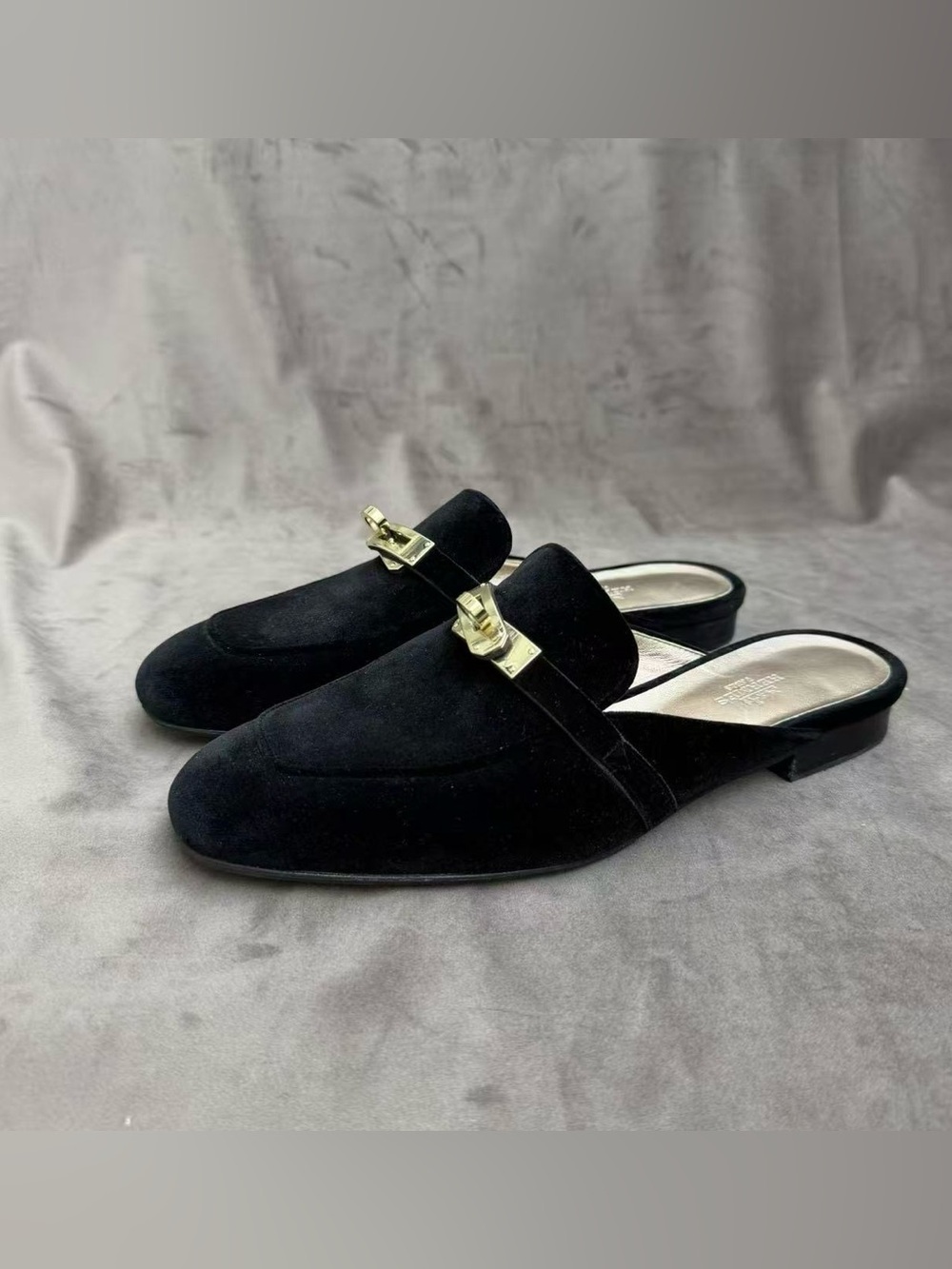 Hermes Black Suede Backless Mules with Gold Buckle